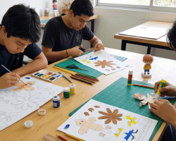 Alunos pintando moldes em papercraft